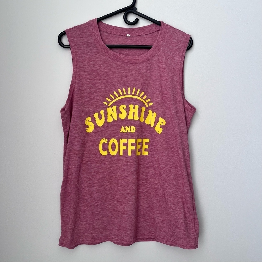 Sunshine and Coffee Tank Top Pink Shirt Size Large T-shirt